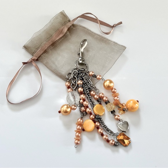 Bag Charm Keyring Yellow Gold Peach Beads Stones Silver Chains With Dust Bag - Picture 2 of 3